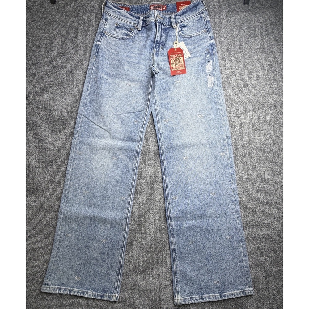 NEW Lucky Brand Rhinestone Bows Jeans Baggy Fit Size 4 / 27 NWT Festival Boho‎